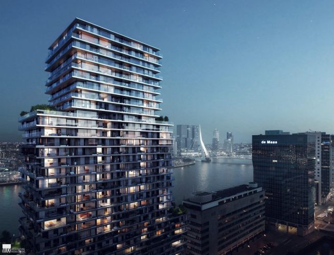 Terraced Tower in Rotterdam met glas-glas zonnepanelen op gevel en dak